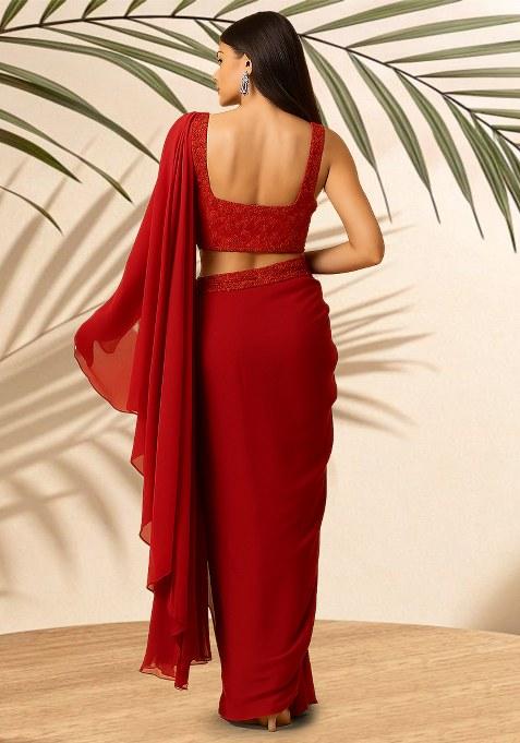 Red Embellished Blouse Georgette Pre Draped Saree Set