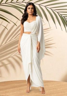 White Embellished Blouse Georgette Pre Draped Saree Set