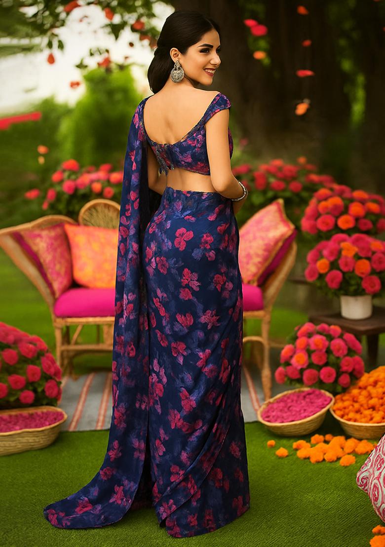 Dark Blue Floral Printed Georgette Pre Draped Saree Set - Indya