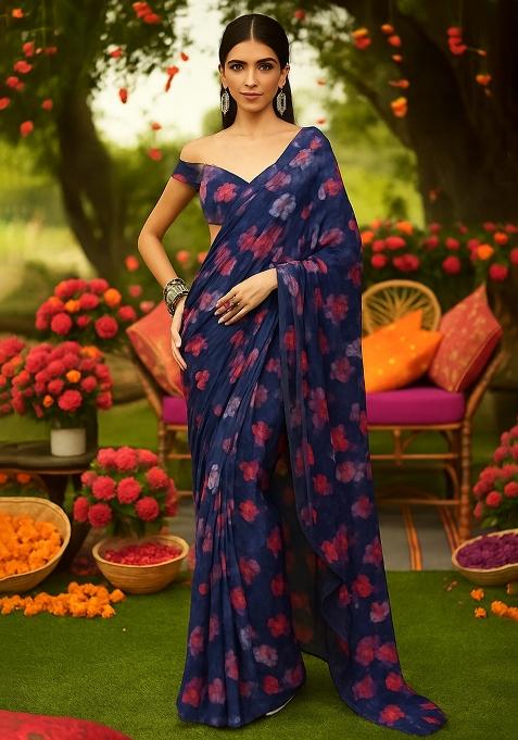 Dark Blue Floral Printed Georgette Pre Draped Saree Set
