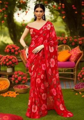 Red Floral Printed Georgette Pre Draped Saree Set