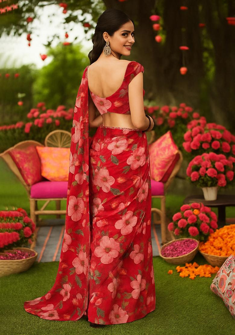 Red Floral Printed Georgette Pre Draped Saree Set - Indya