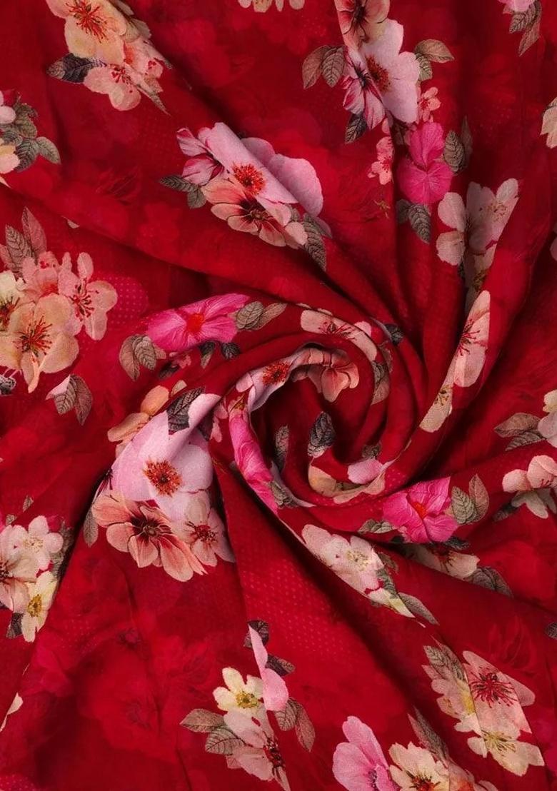 Red Floral Printed Georgette Pre Draped Saree Set