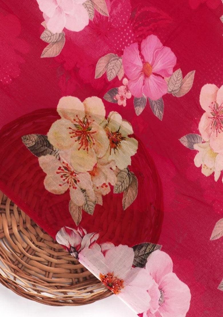 Red Floral Printed Georgette Pre Draped Saree Set - Indya