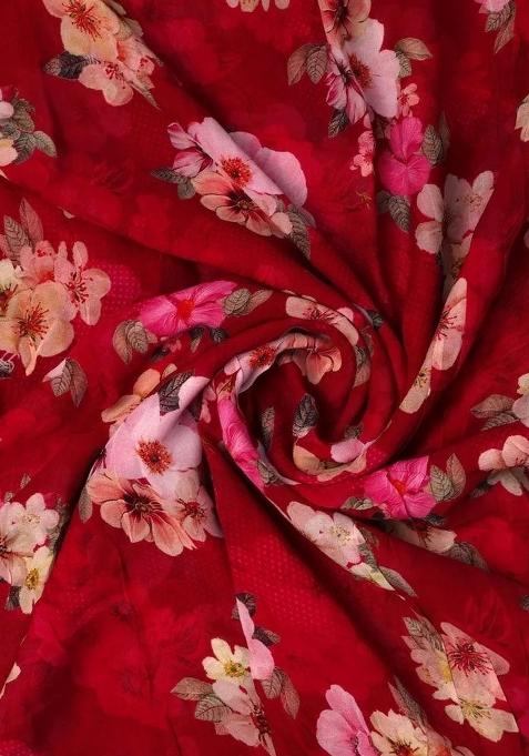 Red Floral Printed Georgette Pre Draped Saree Set