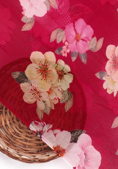 Red Floral Printed Georgette Pre Draped Saree Set