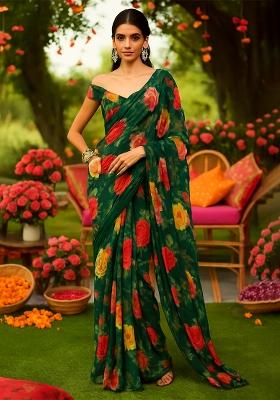 Green Floral Printed Georgette Pre Draped Saree Set