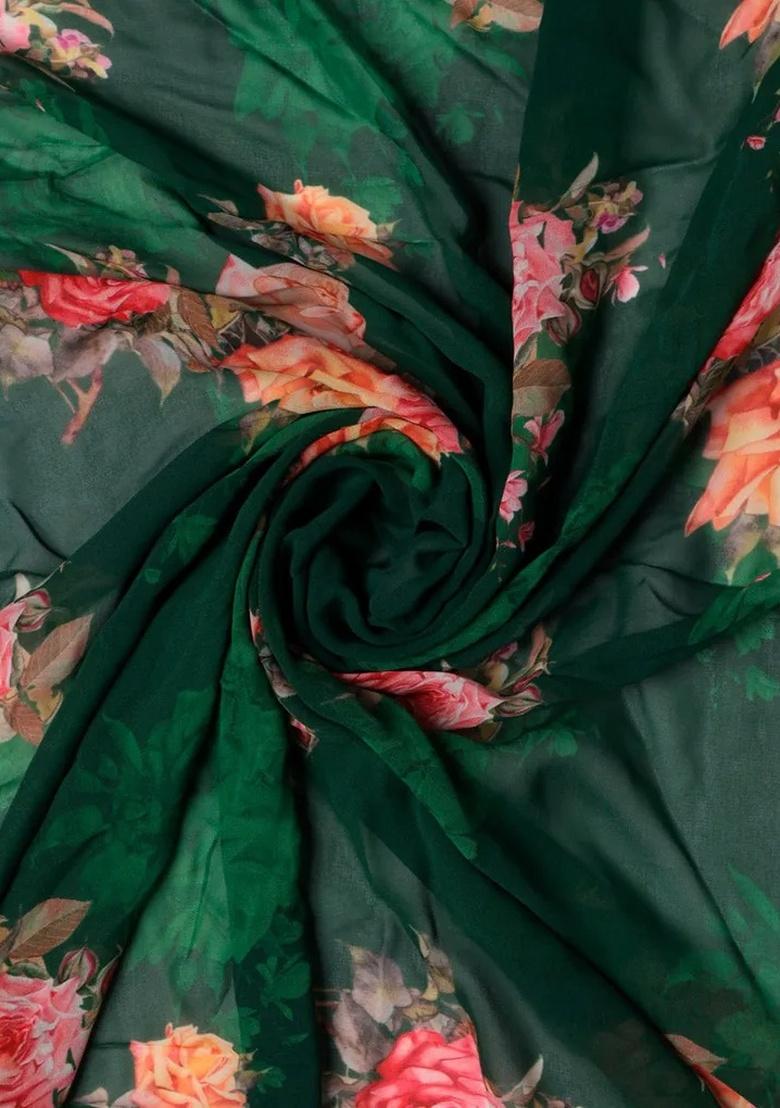 Green Floral Printed Georgette Pre Draped Saree Set