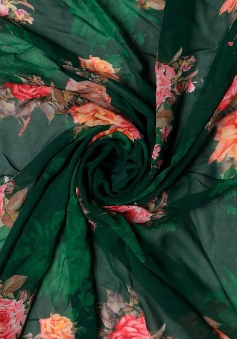 Green Floral Printed Georgette Pre Draped Saree Set