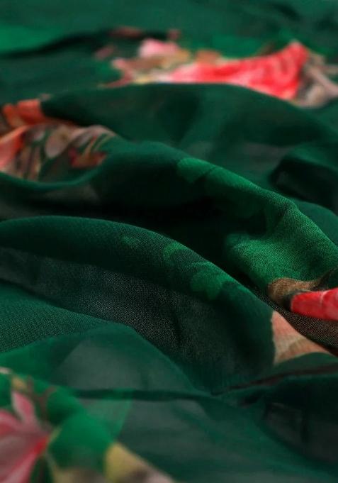 Green Floral Printed Georgette Pre Draped Saree Set