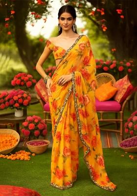Yellow Floral Printed Georgette Pre Draped Saree Set