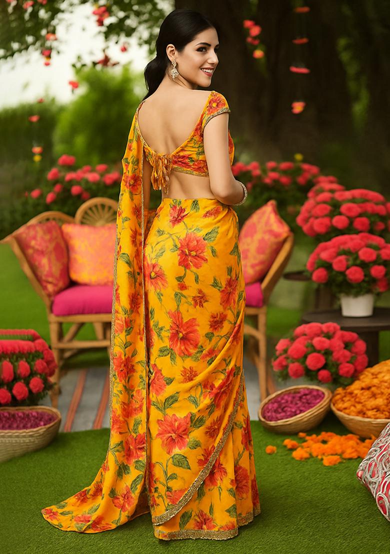 Yellow Floral Printed Georgette Pre Draped Saree Set - Indya