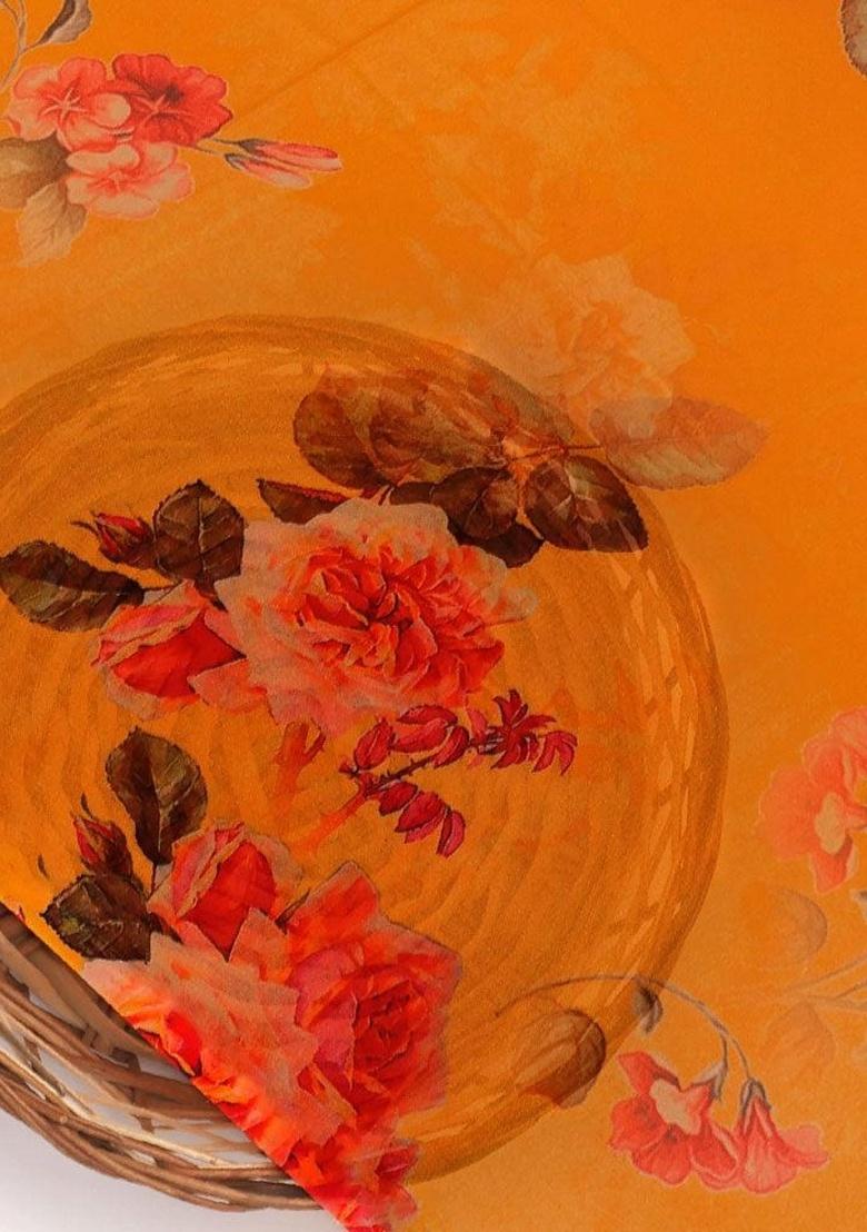 Yellow Floral Printed Georgette Pre Draped Saree Set - Indya