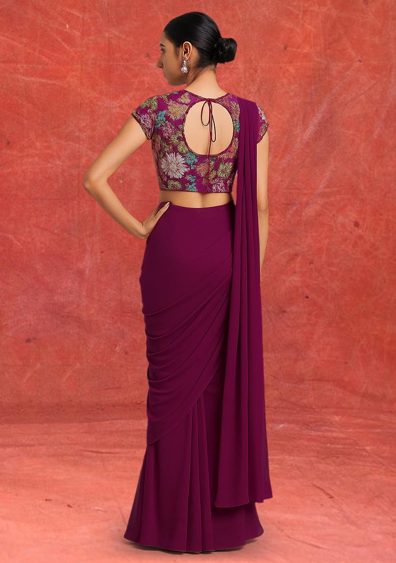 Pink Embroidered Blouse Georgette Pre Draped Saree Set - Indya