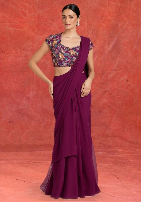 Pink Embroidered Blouse Georgette Pre Draped Saree Set