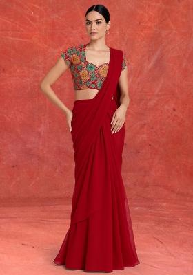 Redembroidered Blouse Georgette Pre Draped Saree Set