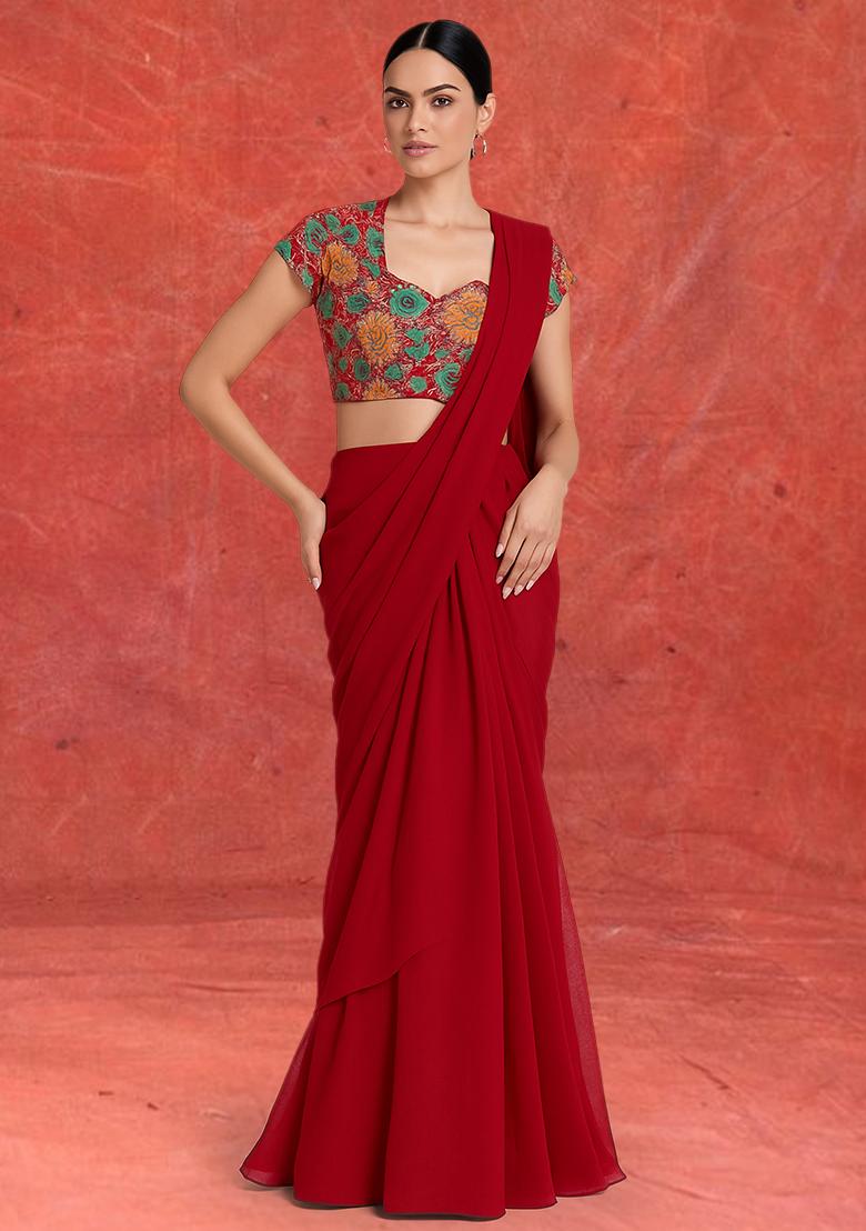 Redembroidered Blouse Georgette Pre Draped Saree Set