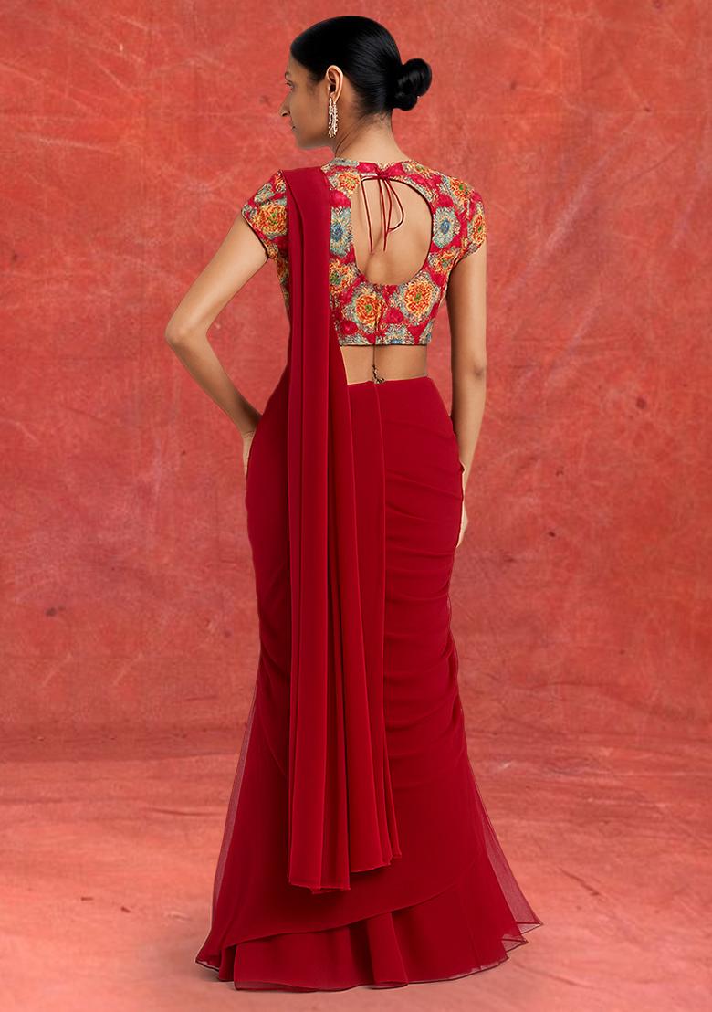 Redembroidered Blouse Georgette Pre Draped Saree Set