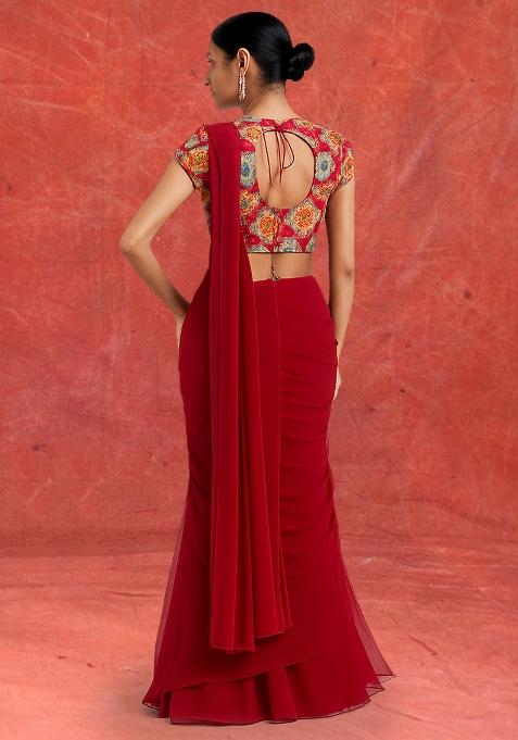 Redembroidered Blouse Georgette Pre Draped Saree Set