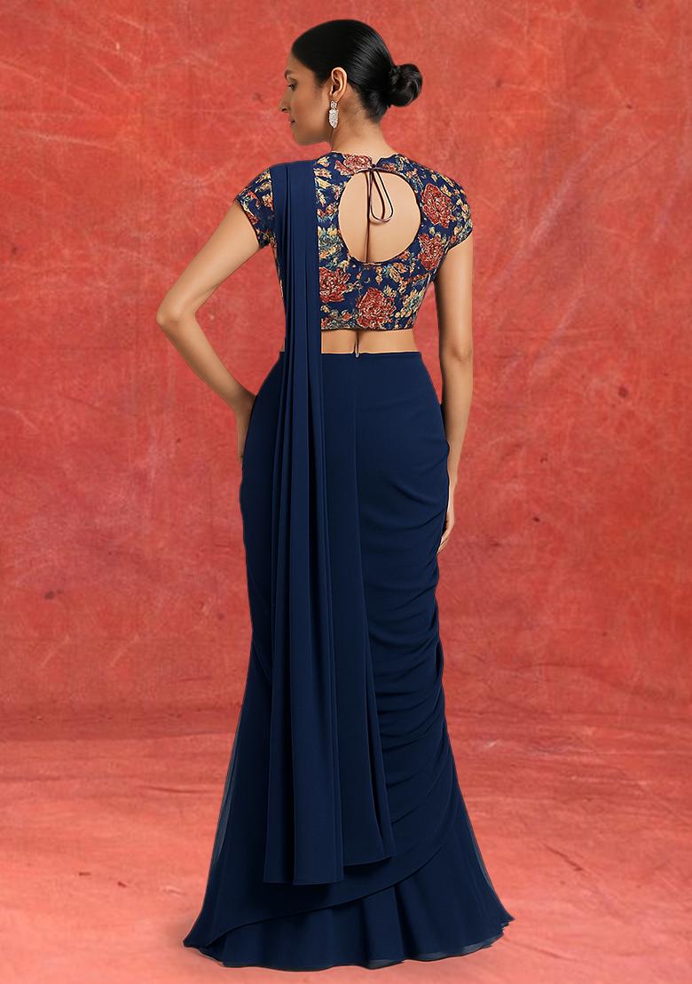 Blue Embroidered Blouse Georgette Pre Draped Saree Set - Indya