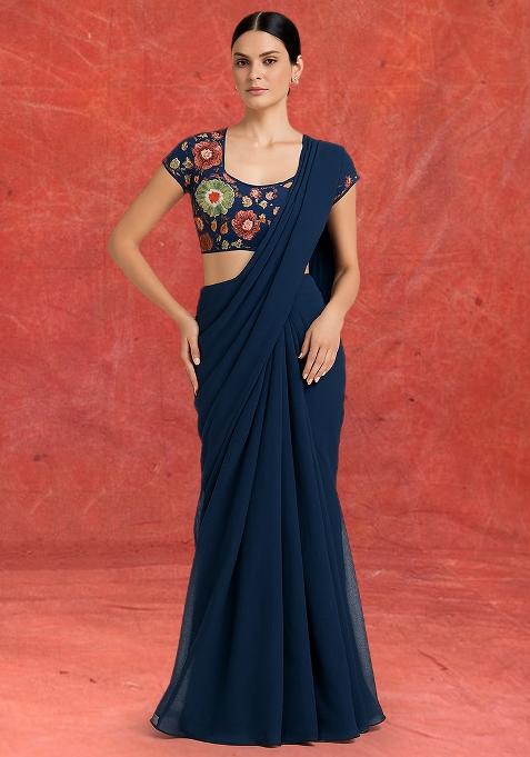 Blue Embroidered Blouse Georgette Pre Draped Saree Set