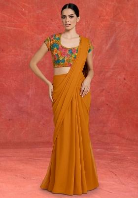 Orange Embroidered Blouse Georgette Pre Draped Saree Set