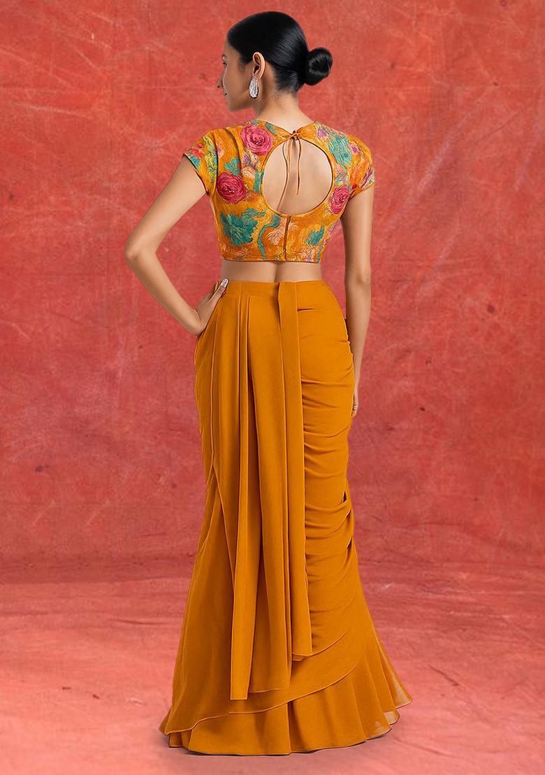 Orange Embroidered Blouse Georgette Pre Draped Saree Set