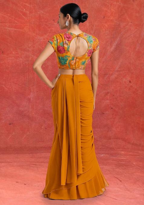 Orange Embroidered Blouse Georgette Pre Draped Saree Set