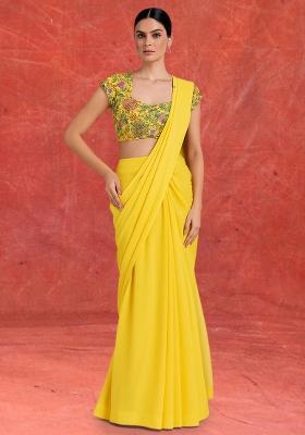 Yellow Embroidered Blouse Georgette Pre Draped Saree Set