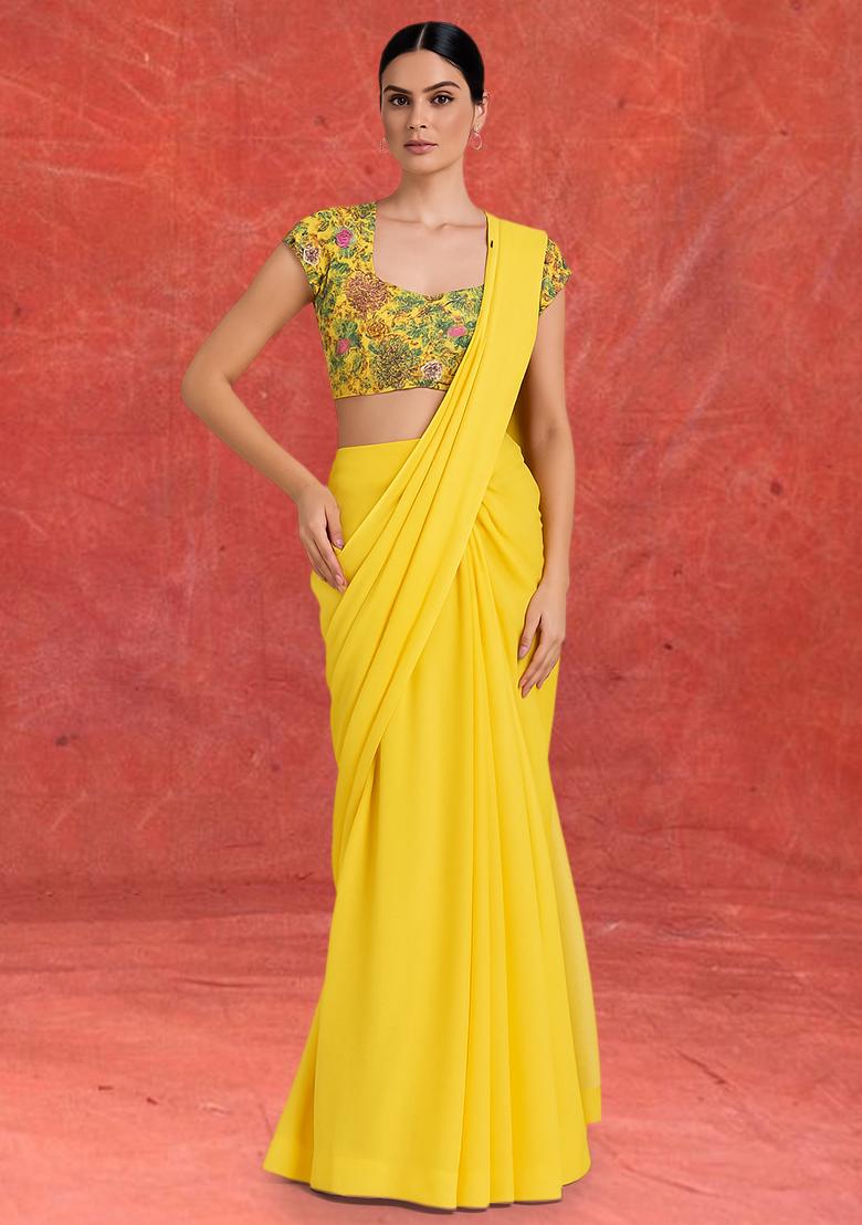 Yellow Embroidered Blouse Georgette Pre Draped Saree Set