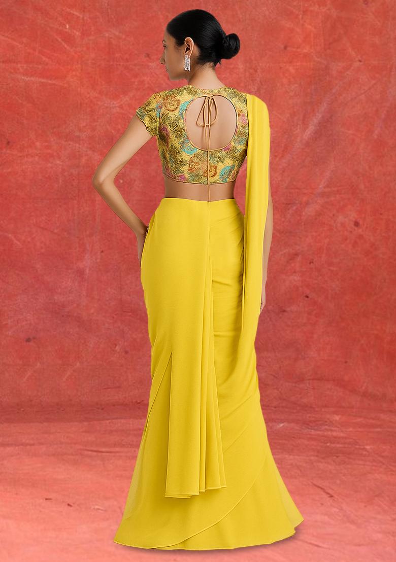 Yellow Embroidered Blouse Georgette Pre Draped Saree Set