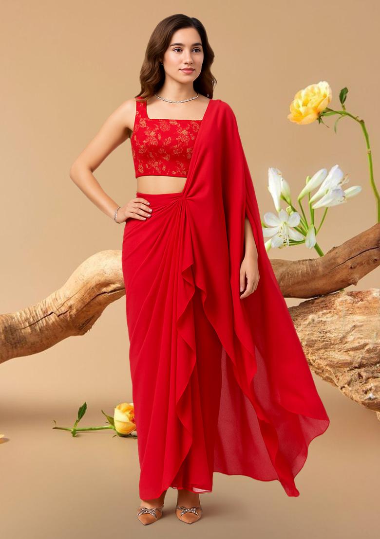 Pink Embroidered Blouse Georgette Pre Draped Saree Set