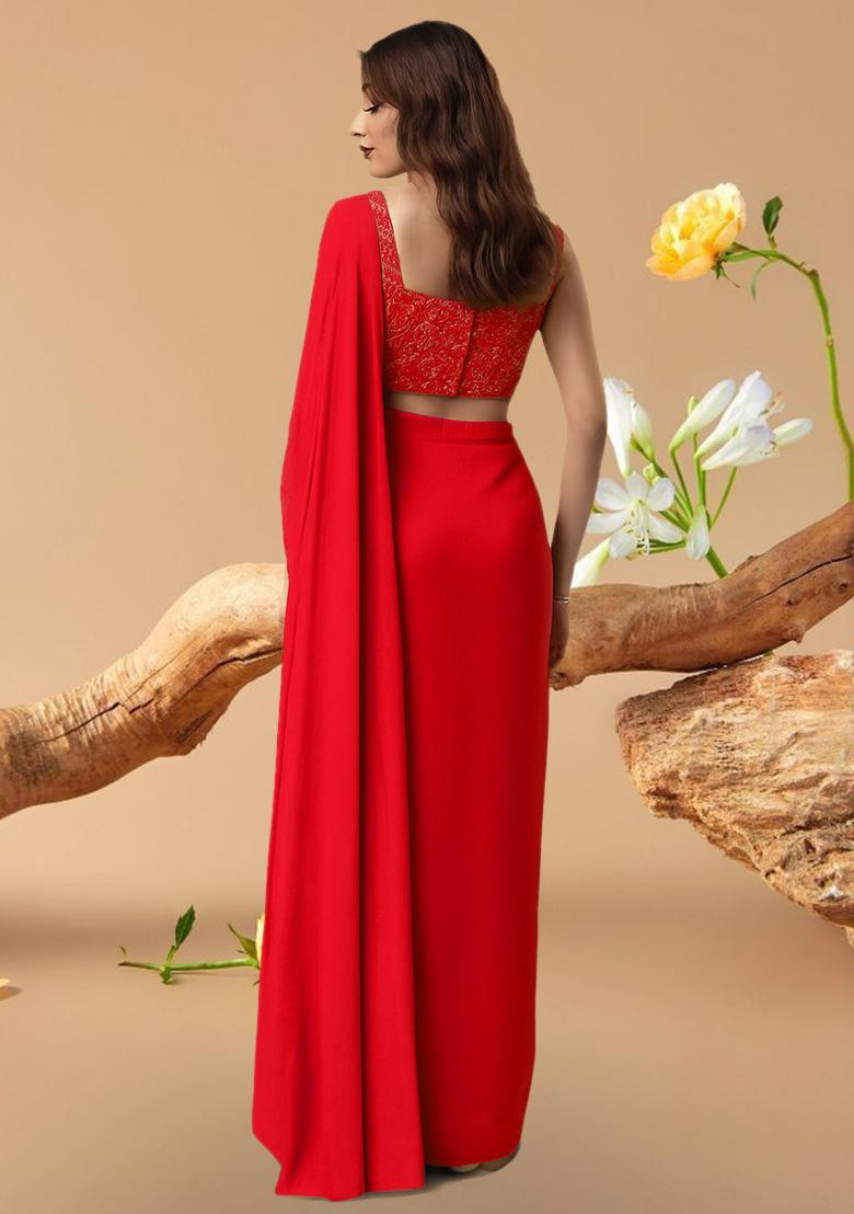 Pink Embroidered Blouse Georgette Pre Draped Saree Set