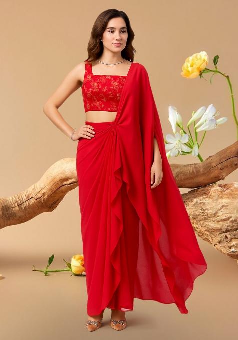 Pink Embroidered Blouse Georgette Pre Draped Saree Set