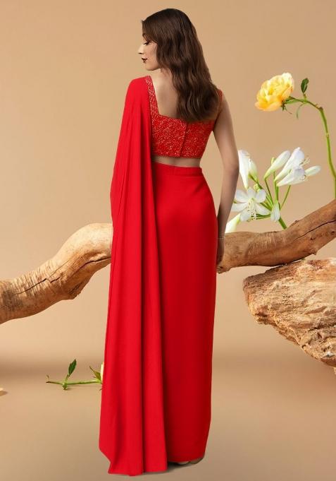 Pink Embroidered Blouse Georgette Pre Draped Saree Set