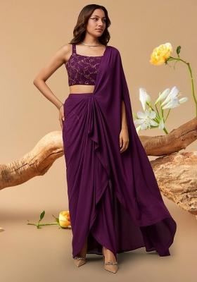 Purple Embroidered Blouse Georgette Pre Draped Saree Set