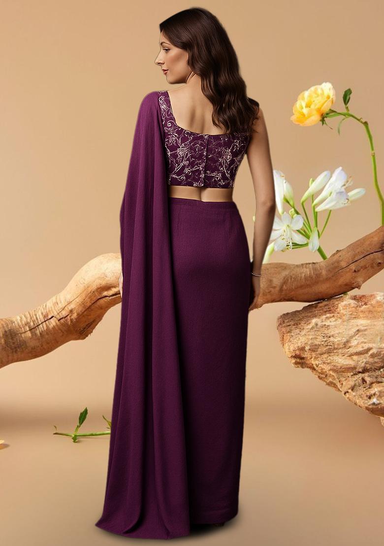 Purple Embroidered Blouse Georgette Pre Draped Saree Set - Indya