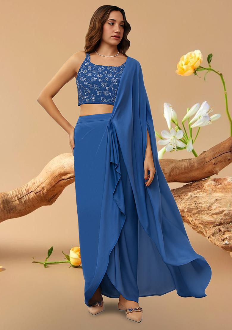 Blue Embroidered Blouse Georgette Pre Draped Saree Set