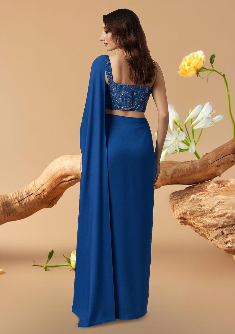 Blue Embroidered Blouse Georgette Pre Draped Saree Set
