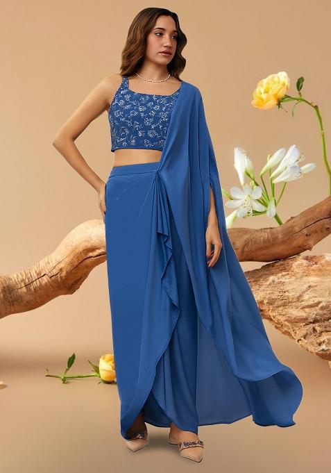 Blue Embroidered Blouse Georgette Pre Draped Saree Set