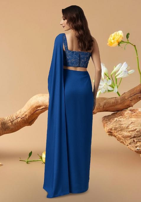 Blue Embroidered Blouse Georgette Pre Draped Saree Set