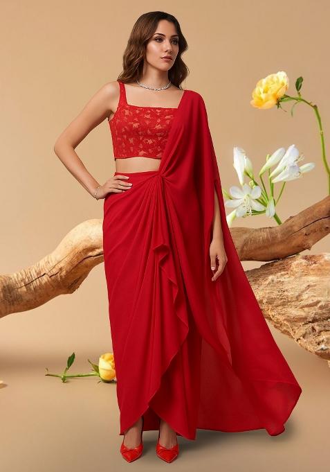 Red Embroidered Blouse Georgette Pre Draped Saree Set