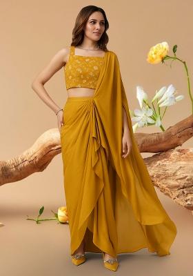 Yellow Embroidered Blouse Georgette Pre Draped Saree Set