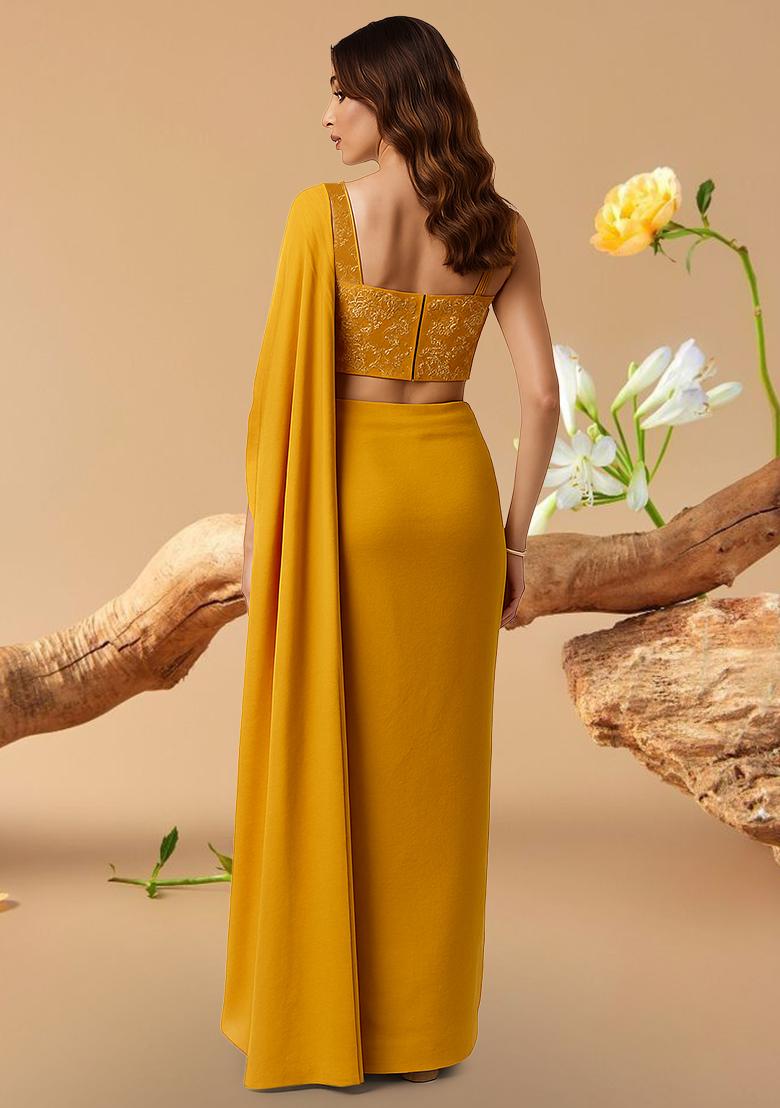 Yellow Embroidered Blouse Georgette Pre Draped Saree Set - Indya