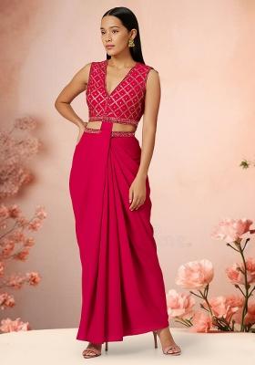 Pink Sequin Embroidered Blouse Georgette  Pre Draped Saree Set