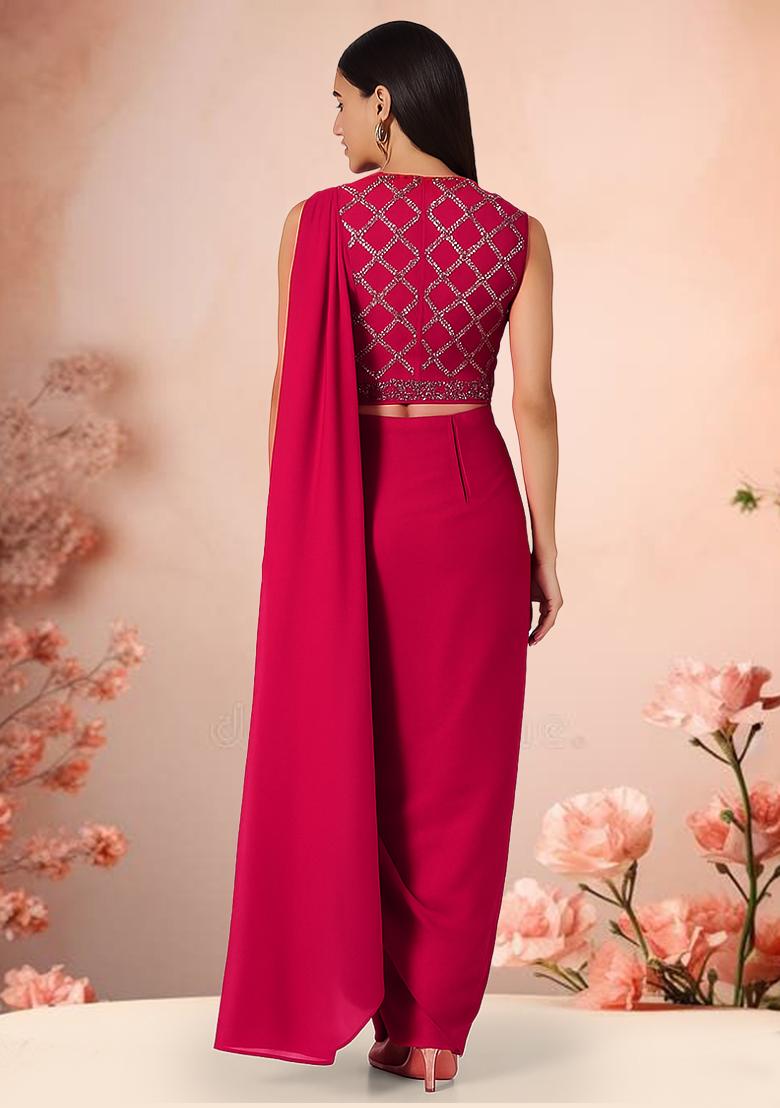 Pink Sequin Embroidered Blouse Georgette  Pre Draped Saree Set - Indya