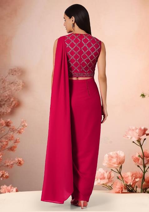 Pink Sequin Embroidered Blouse Georgette Pre Draped Saree Set