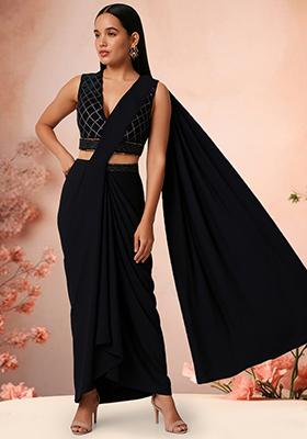 Black Sequin Embroidered Blouse Georgette Pre Draped Saree Set
