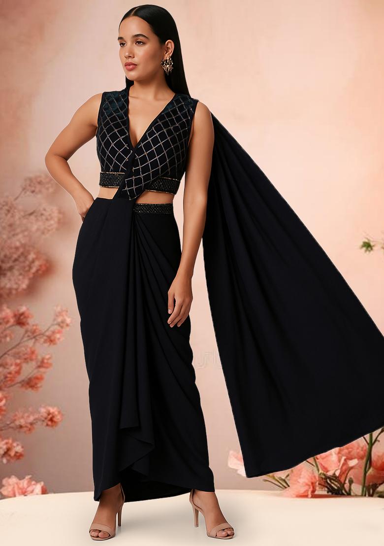 Black Sequin Embroidered Blouse Georgette Pre Draped Saree Set