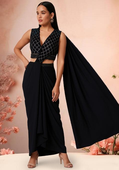 Black Sequin Embroidered Blouse Georgette Pre Draped Saree Set